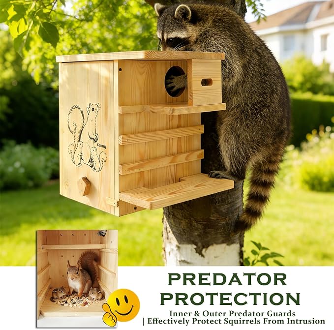 Extra Large Outdoor Squirrel House, Wooden Nesting Box | 0.7-inch pine with weather-resistant finish, external platform, front porch, ventilation and easy tree or fence mounting