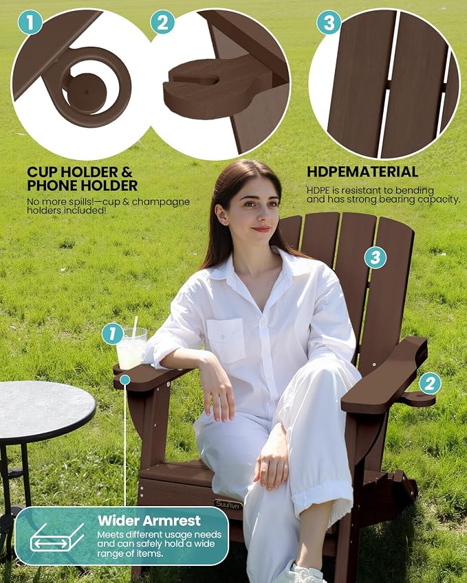 Folding Adirondack Chair Set of 4, HDPE Adirondack Chairs with 2 Cup Holder, Plastic All-Weather Fire Pit Chairs, Outdoor Lawn Chair for Patio Garden (Brown)