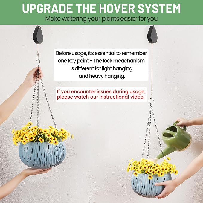 Retractable Plant Hanger System - Adjustable Plant Pulleys for Effortless Plant Raising/Lowering, Heavy Duty Indoor/Outdoor Use with Flower Pots, Hanging Baskets & Bird Feeders (Black, 2PCS)