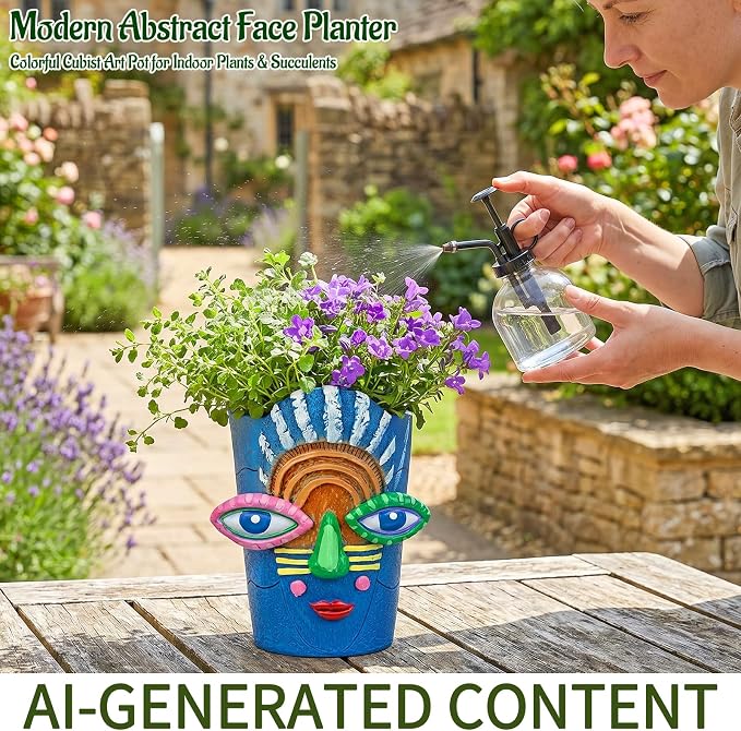 Mrlikale Abstract Face Planter Pots with Drainage Hole for Indoor Plants | 5.9 Inch Hand-Painted Funny Face Flower Pot for Succulents, Shelves, Desks, and Modern Home Decor