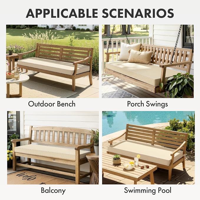 MIULEE Beige Outdoor Bench Cushion 48x18x3 Inch Waterproof 3-Year Color Fastness Patio Furniture Cushions for Porch Swing, Garden Bench Sofa Couch with Adjustable Ties No Slip Design