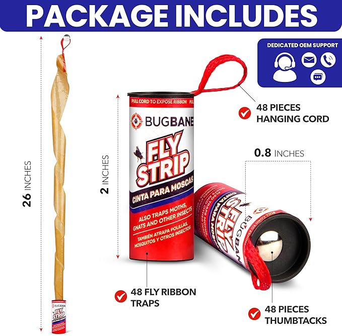 Fly Strips Indoor Sticky Hanging 48pk with Pins. Non Toxic Outdoor Fly Trap Indoor for Home. Flies Tape Paper Trap Ribbon Roll for House Gnat Fruit and Housefly. Bug Catchers for Inside Home Flypaper.