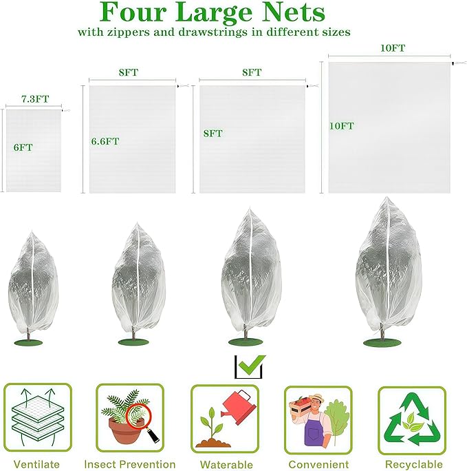 1 Pack 20×20Ft Extra Large Drawstring & Zipper Fruit Tree Netting Cover - Reusable Bird Netting for Blueberry Bushes, Anti-Cicada/Deer/Squirrel Large Plant Protection Net