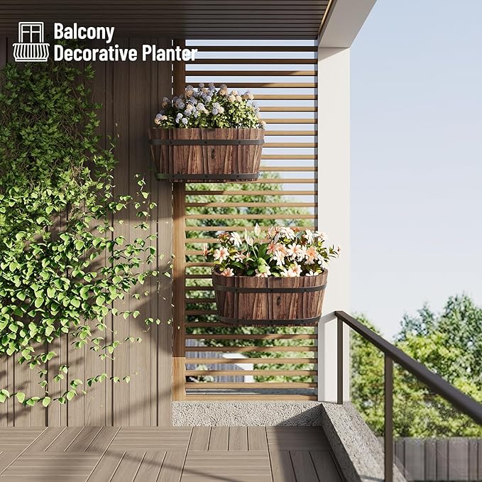Hanging Wooden Flower Pots, Railing Planter for Any Balcony, Porch or Deck Countryside Style with Detachable Hooks for Garden Yard Home Decor (Carbonized)