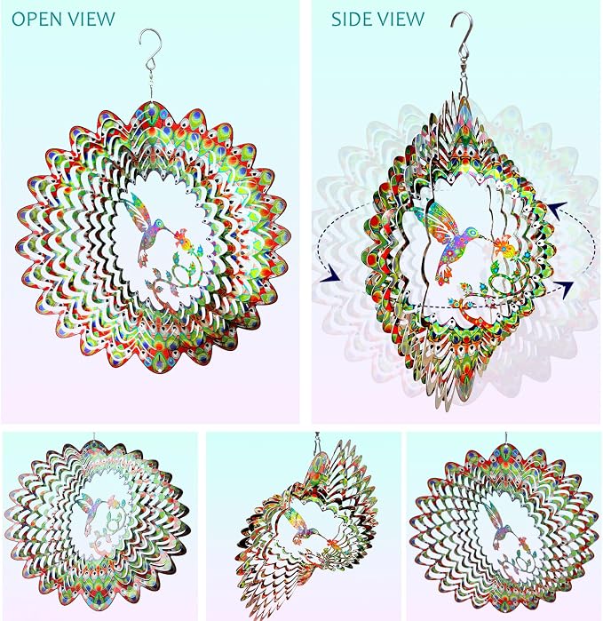 Aoedelyart Hummingbird Wind Spinner for Yard and Garden,12in 3D Wind Spinner Hummingbird Gift for Women/Mother/Father/Men,Hanging Bird Wind Catchers Kinetic Yard Art Ornaments Outdoor Wind Sculptures