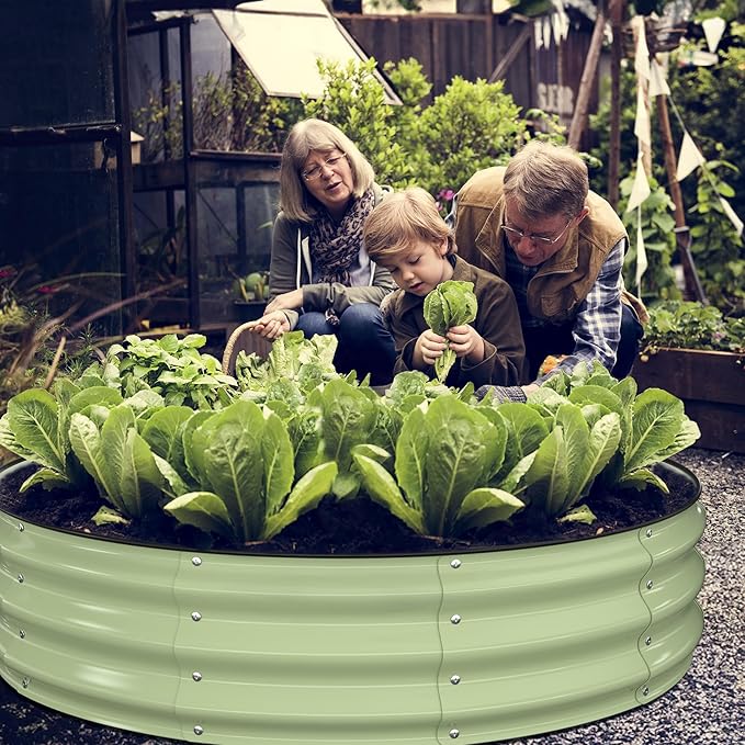 Winpull Raised Garden Bed Kit, 4x4x1 ft Round Galvanized Planter Box Outdoor with Safety Edging, Large Metal Raised Beds for Gardening Vegetables Flower Fruits (Avocado Green)