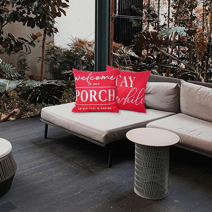 TAJWE Red Outdoor Pillow Covers Waterproof 18x18 Set of 2 Decorative Welcome to Our Porch Stay Awhile Cushion Cases for Patio Furniture Sofa Couch Decor