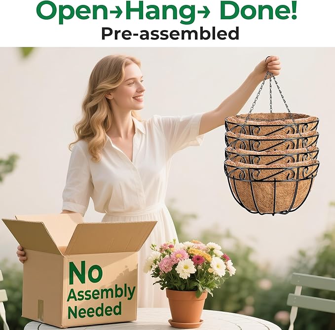 AMAGABELI GARDEN & HOME 4 Pack 12 Inch Metal Plant Hanging Baskets Planter Flower Pots Outdoor Indoor Wire Hanging Basket for Vegetable with Coco Fiber Liners for Garden Home Porch Decor