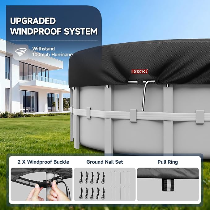 LXKCKJ 14 Ft Pool Cover for Above Ground Pool, Round 420D Solar Oxford Tarp | 100MPH Windproof with 2 Buckles and & Weight Rings, 634N Tear-Resistant, Waterproof 10000PA, UV Protection, Cuts Evaporation