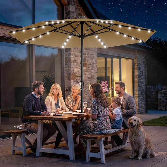 AreShark 11FT Large Patio Umbrella with Solar Lights, Lighted Solar Umbrella with Crank, Outdoor Table Market Umbrellas for Garden, Deck, Backyard, Pool and Beach, Khaki