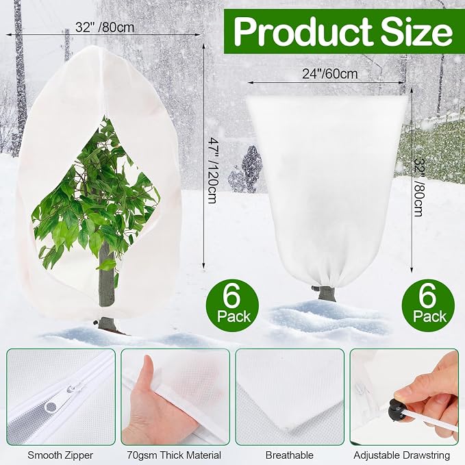 12 Pack Winter Plant Covers Freeze Protection 2 Size 47" x 32" and 24" x 32" Winter Frost Cloths Blankets with Zipper Drawstring Tree Covers for Outdoor Plants Shrubs Potted Trees (White)
