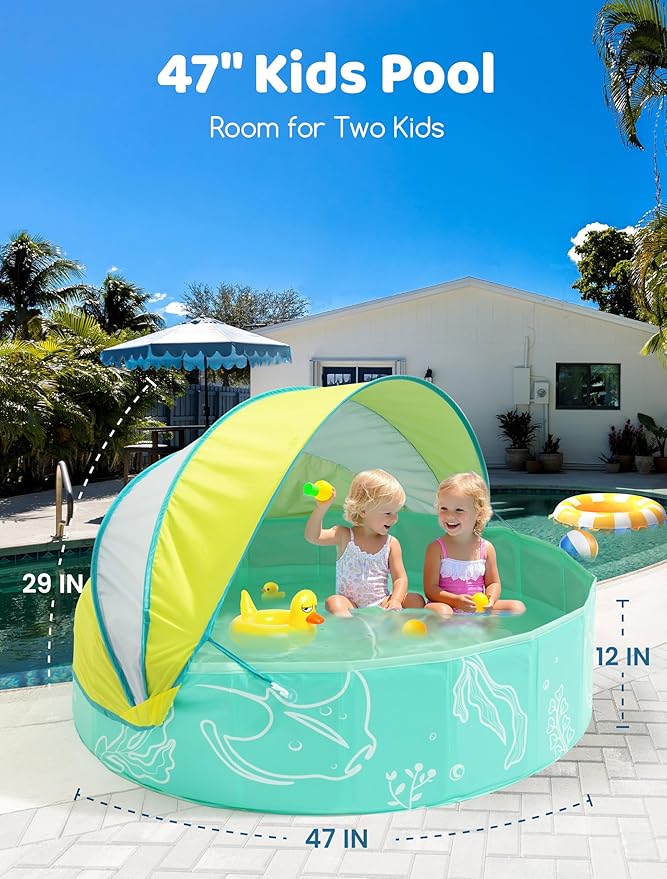 Hikiddy Foldable Kiddie Pool with Canopy: 31.5in/ 47in /63in for Baby Toddler Kids Family - Summer Water Play Pool with Shade - Portable for Outdoor Backyard Beach (Mint-Lemon, 47in)