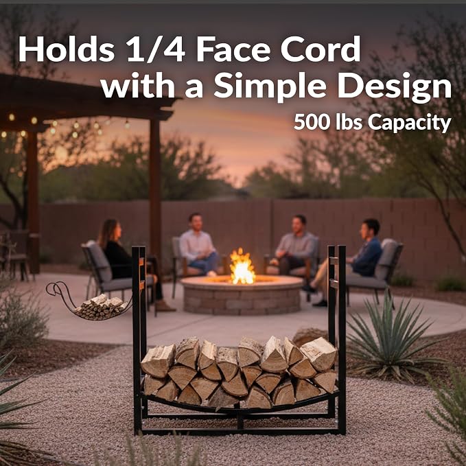 Sunnydaze 33 Inch Indoor Firewood Rack with Kindling Log Holder - Heavy-Duty 1/4 Cord Outdoor Wood Storage for the Fire Pit or Fireplace - Bronze