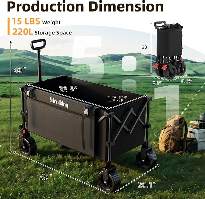 220L Collapsible Wagon Cart, 39" L Extended Frame and 440Lbs Heavy Duty, Lightweight 15lbs Folding Garden Cart with Silent All-Terrain Wheels for Beach, Camping Grass and Grocery, Black