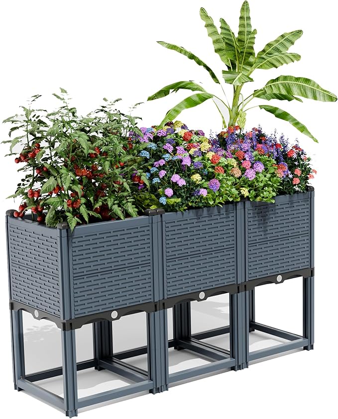 48" Self Watering Raised Garden Bed, Modular Planter Box with Water Level Indicator, Weather Resistant for Vegetables, Herbs & Flowers, 3-in-1 Configurable Design, Gray