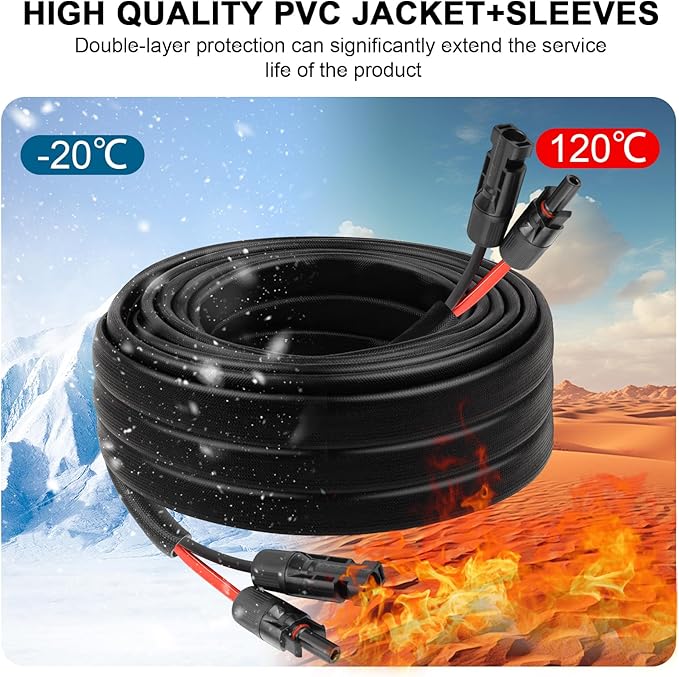 10 AWG Solar Extension Cable 50FT, Flexible Solar Panel Wire with Male to Female Connector Parallel Tinned Copper Wire for Solar Panel, Automotive, RV, Boat, Outdoors