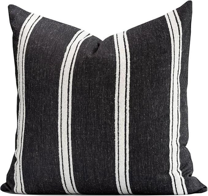 Crumbs Home Modern Farmhouse Fall Linen Indoor Outdoor Throw Pillow Cover Only, 20"x20" Water Repellent for Patio, Backyard, Couch, Black Neutral Embroidered Stripes