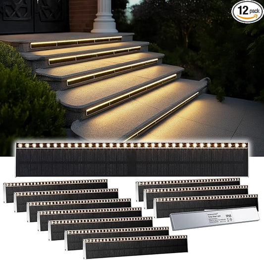 SHONELIGHTING Solar Step Lights for Outside, 33 Focused-Beam High-Brightness LEDs, Waterproof Aluminum Outdoor Stair Light for Risers, Curbsides, Poolsides, Planter Edges (Warm White, 12Pack)