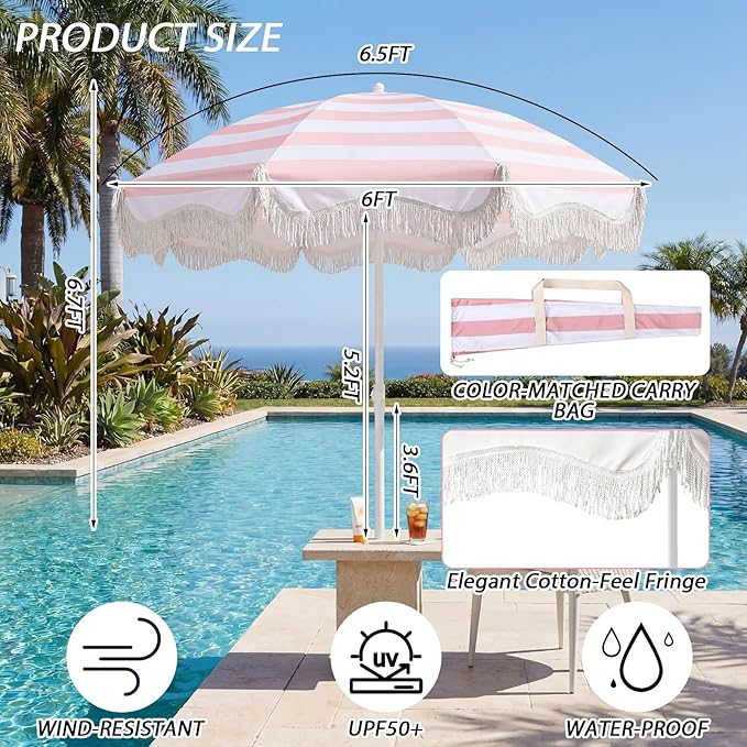 6.5 Ft Fringe Patio Umbrella and 71"x 91" Extra Large White Picnic Blanket UPF50+ Outdoor Tassels Ruffles Beach Umbrella with Steel Pole for Camping Patio Lawn Beach Park