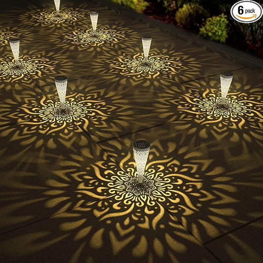 gardencave 6 Pack Solar Lights Outdoor Garden Decorative Mandala Solar Garden Lights with Warm Light Waterproof Solar Pathway Landscape Light for Path Patio Backyard Walkway Yard Decor (White)