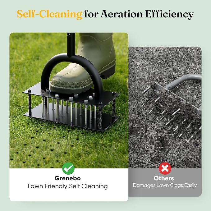 Grenebo Lawn Aerator Manual Aerator Lawn Tool with 16 Spikes, Metal Grass Aerator for Yard, Lawn Aeration, Automatic Soil Ejection, Pre-Assembled Lawn Aerator Tool (Green)