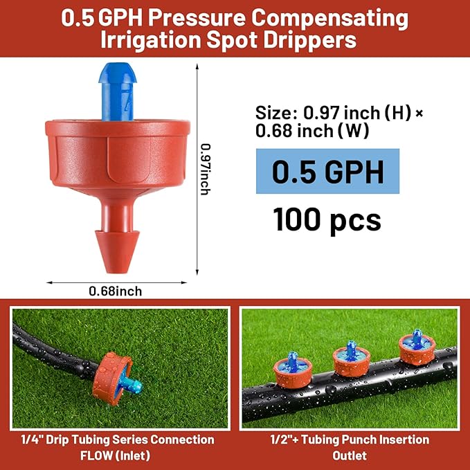 100 PCS 0.5 GPH Pressure Compensating Drip Irrigation Spot Watering Dripper, Gentle Flow Anti-Clog Drip Irrigation Emitters Heads Irrigation Drippers Parts for Indoor Outdoor Small Potted Plants