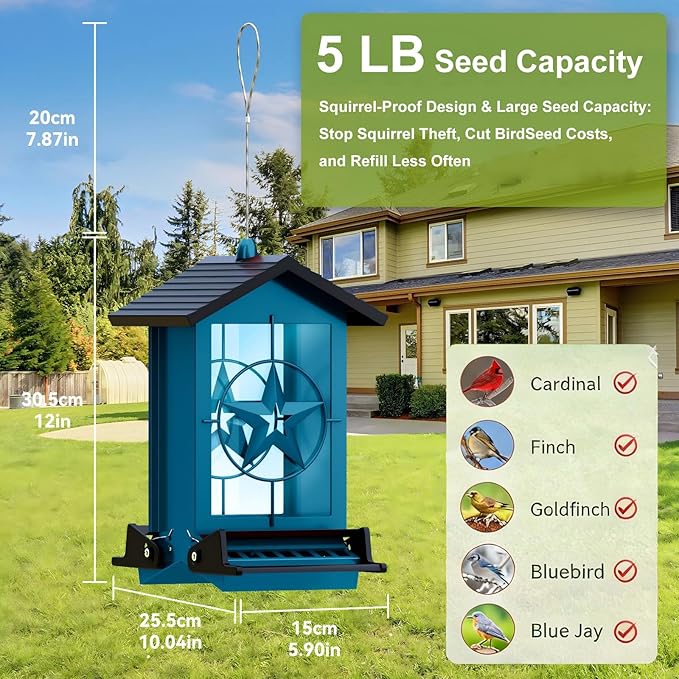 Squirrel Proof Bird Feeders for Outdoors with Weight-Activated, Metal 5LB Large Wild Bird Feeders for Cardinals,Blue Jay,Finch, Weatherproof Durable Hanging Bird Feeder for Backyard,Garden (Blue)