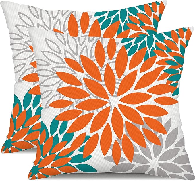 DFXSZ Orange Flower Pillow Covers 20x20 Inch Set of 2 Fall Throw Pillows Outdoor Waterproof Decor for Living Room Sofa Patio Funiture Garden Floral Polyester Pillow Covers 002N20