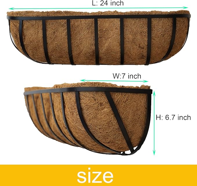 2 Packs Planter Box for Deck Railing 24" Black Metal Hanging Planter Basket with Coco Coir Liner Metal Window Planter Plant Holder Flower Pots