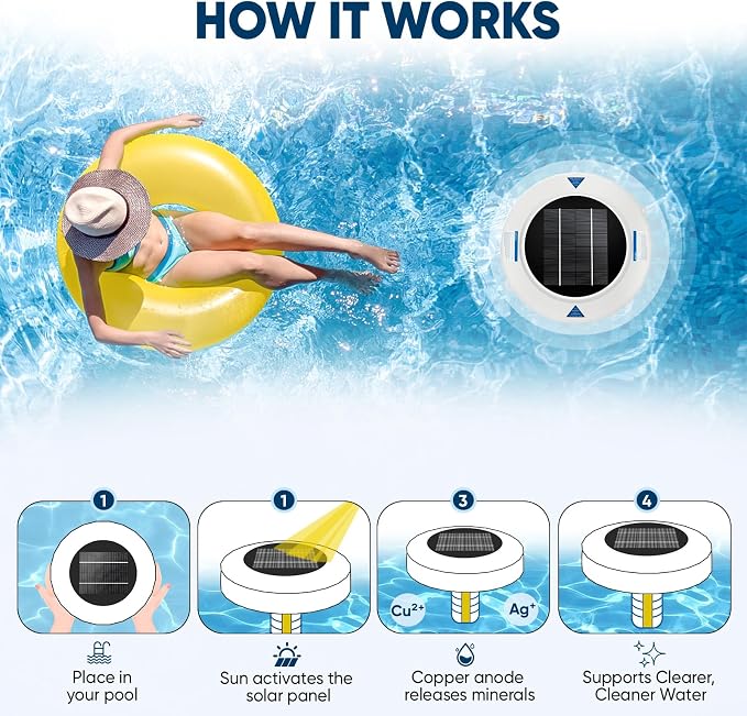 New Upgraded Solar Pool Ionizer for Above Ground & Inground Pools Up to 45,000 Gallons, Floating Solar Pool Cleaner with Copper Anode, Low Maintenance Pool Water Clarifier for Clear Pool Water
