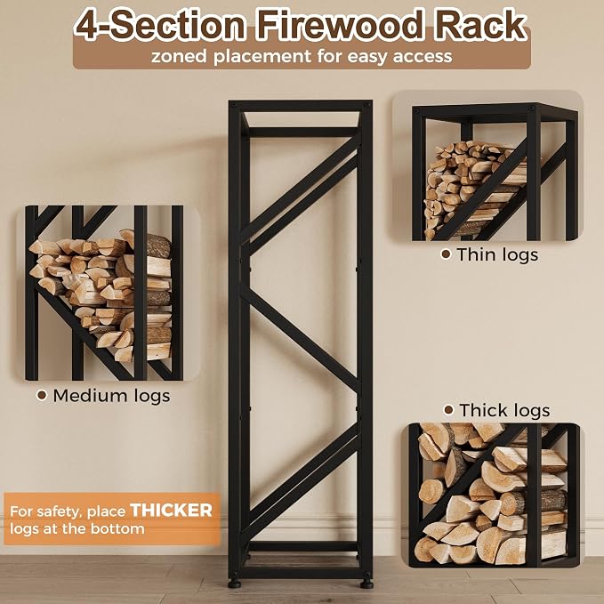 Firewood Rack Indoor 47 Inch Tall, 4-Tier Heavy-Duty Firewood Holder for Fireplace with Minimalist Style, Decorative Log Rack, Flexible Storage, Space-Saving, Easy Assembly, Black