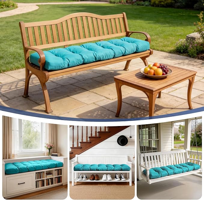 IASEAHK Outdoor Bench Cushion 48x18x5 Inch, Waterproof & Fade-Resistant Patio Furniture Cushions, Tufted Memory Foam Indoor/Outdoor Cushions for Couch Porch Swing with Non-Slip Backing & Straps, Teal