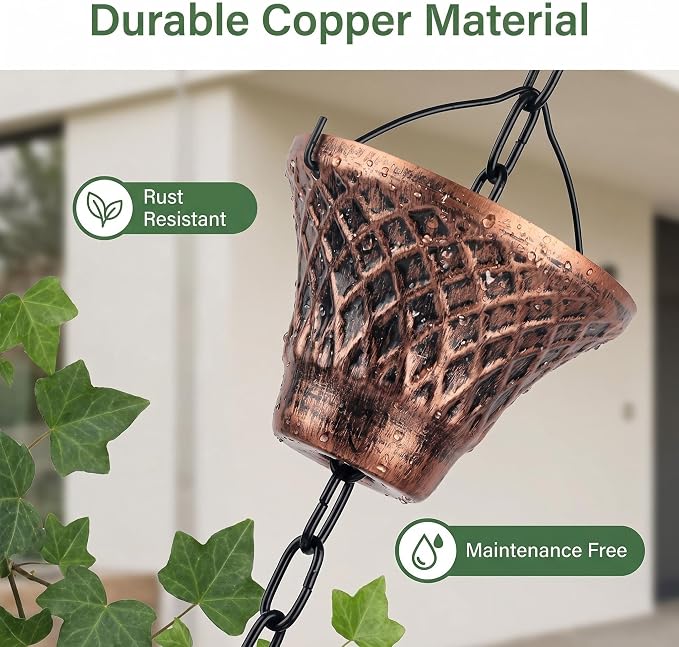 Rain Chains for Gutters Outside for Heavy Rain, 8.5FT Copper Rain Chain with 12 Cups, Adjustable Rain Catcher Chain with Chimes for Eaves Drainage, Replacement for Downspout, Outdoor Decor