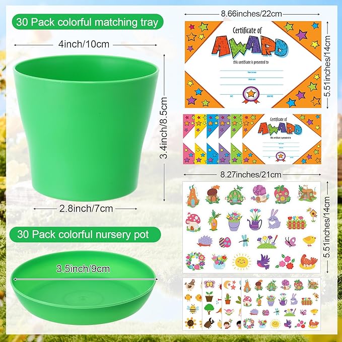 Domensi 30 Pack Garden Pot Craft Kit 4 Inch DIY Spring Crafts for Kids Bulk Plastic Flower Plant Pot Plastic Planter with Tray Drainage Holes with Tag, Certificate of Award, Sticker (Multicolor)