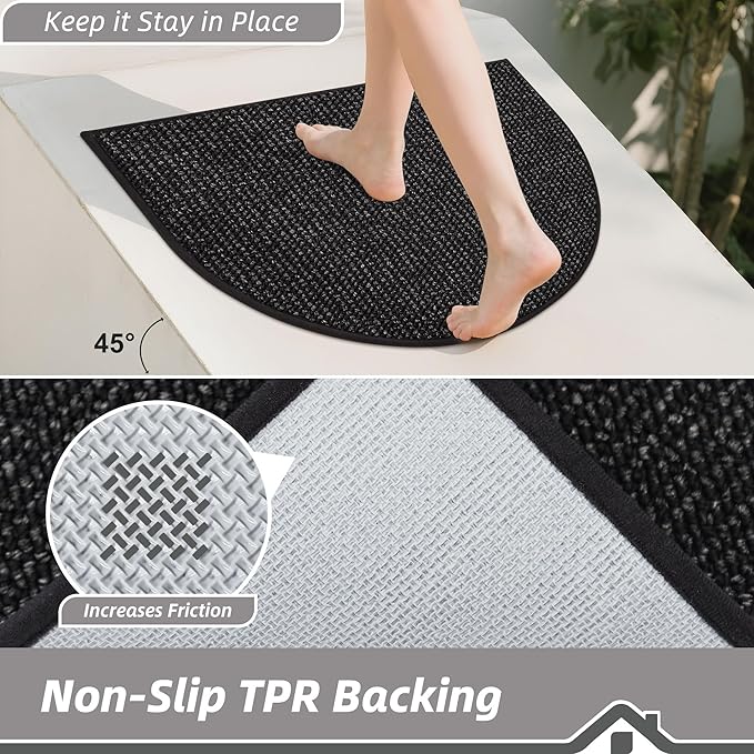 BEQHAUSE Dirt Trapper Door Mat 17" x 30" Half Circle Non Slip Washable Doormats Entrance Rugs Absorbent Welcome Low Profile Floor Mats for Front Back Door and Entryway, Black