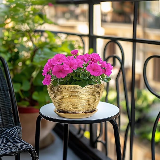 Ceramicfor Ceramic Plant Pot Indoor - 9 Inch Planters for Outdoor Plants Decorative Plant Pot with Drainage Hole and Saucer Round Planter Modern Flower Pot Decorative for House Decor Gold