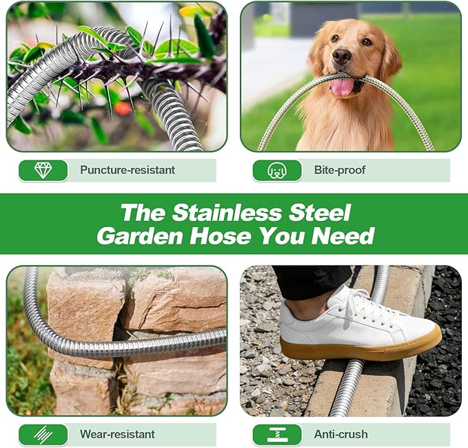 Toolasin Garden Hose 50ft, Flexible Stainless Steel Metal Water Hose with 10-Function Nozzle, No-Kink, Leak-Proof, Wear-Resistant, 3/4 GHT, Easy to Use and Store for Garden, Yard, Outdoor