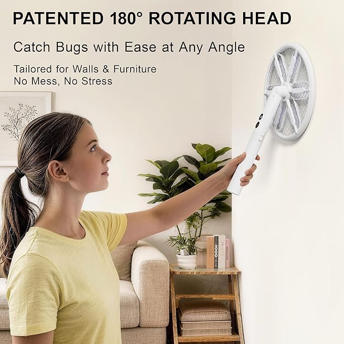 Rotating Head Electric Fly Swatter for Indoors with 16–40" Telescopic Handle, 4000V 2-in-1 UV USB Rechargeable Bug Zapper Indoor Outdoor, Fly Mosquito Zapper Killer Catcher Trap for Ceilings and Walls