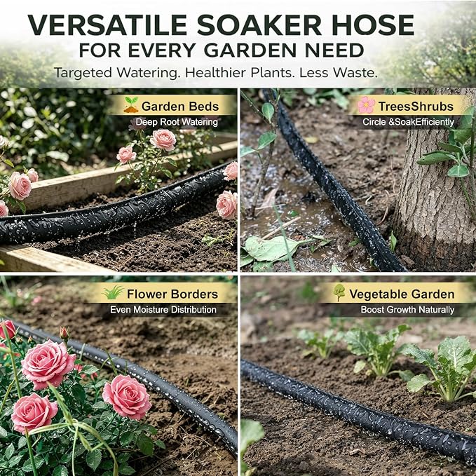 Flat Soaker Hose 25 ft 2-Pack with Splitter, 80% Water-Saving Drip Irrigation Hose 50 ft, Linkable DIY Garden Soaker Hose System for Garden Beds, Lawn, Vegetables & Trees (25ft 2-pack)