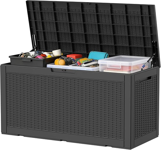 100 Gallon Resin Deck Box All Weather Outdoor Storage Box for Patio Furniture, Garden Tools, Lockable, Black