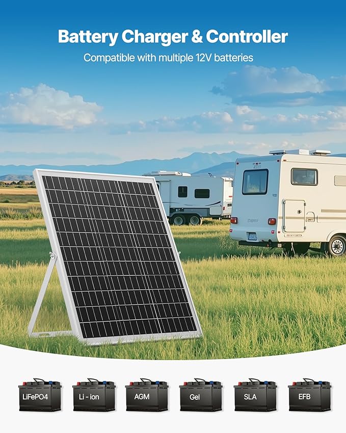 VEVOR 25W 12V Solar Panel Battery Charger, Solar Battery Trickle Charger Maintainer with Intelligent MPPT Controller & Adjustable Mount Bracket, IP67 Waterproof for Car Boat RV Motorcycle Trailer