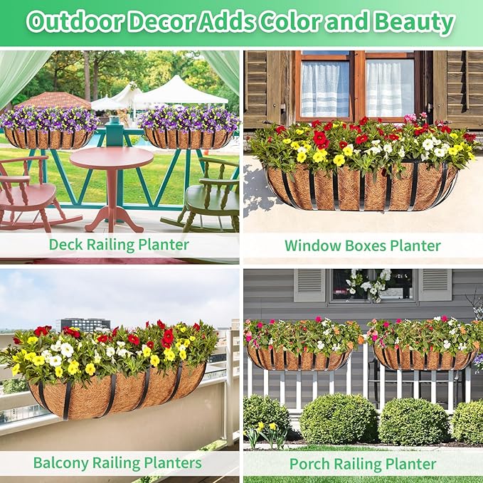 Legigo 2 Pack 16 Inch Window Box Deck Railing Planter with Coconut Liner, Balcony Rail Planters Horse Trough Window Planter Boxes, Metal Railing Hanging Flower Baskets for Outdoor Porch Fence Patio