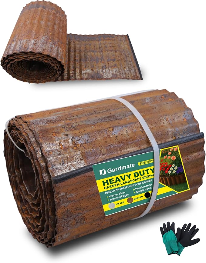 Corrugated Metal Garden Edging, Sturdy Rusty Garden Edging Border for DIY Flower Bed, Lawn and Landscape Edgings, Hemmed Edges Design, Easy Installation with Garden Gloves (20 FT x 10 in)