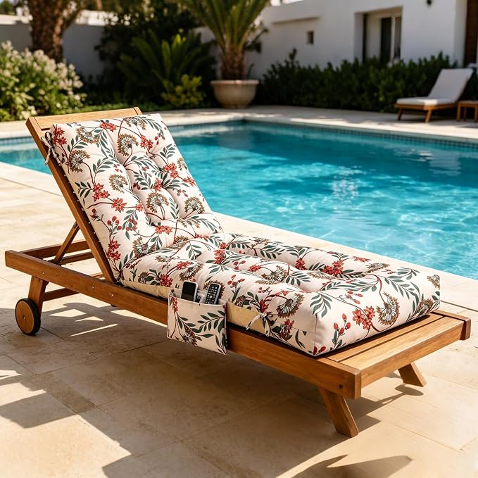 Patio Chaise Lounge Cushions, 68"x21"x4.5" Waterproof Replacement Beach Pool Lawn Outdoor Lounge Chair Cushion with Pocket, Non-Slip Bottom & Secure Ties for Outdoor Furniture, Flower Red