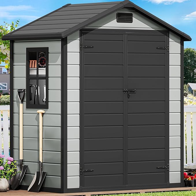 DWVO 6x4 FT Resin Storage Shed with Reinforced Floor, Outdoor Storage Shed with Lockable Door, Window and Vents, Waterproof Plastic Tool Storage for Garden, Backyard, Patio, Lawn(Blue-Gray+Black)