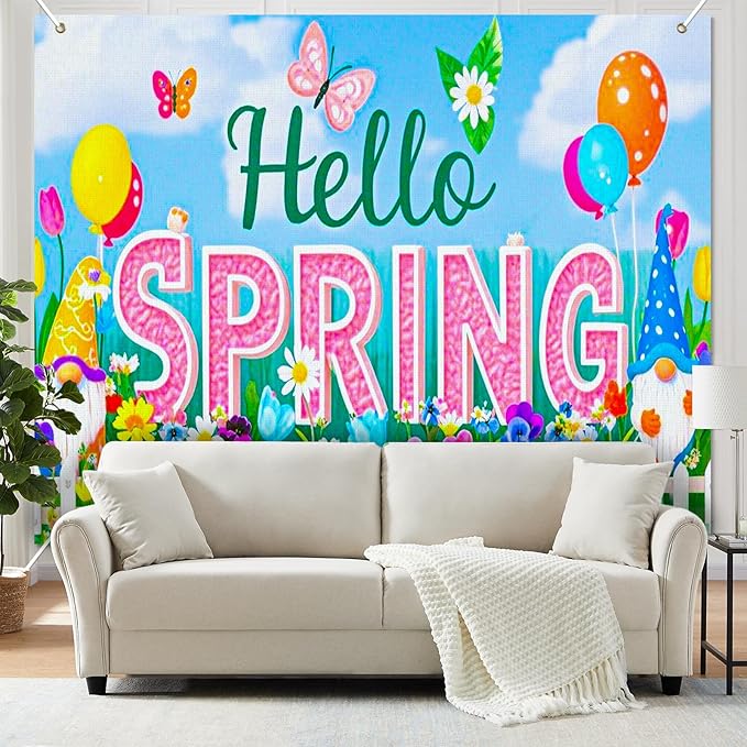 BlissYard Spring Gnome Backdrop 8x6ft Hello Spring Garden Party Background Cute Cartoon Gnome Photography Backdrop for Spring Festival Easter Celebration Birthday Classroom Photo Booth Decor