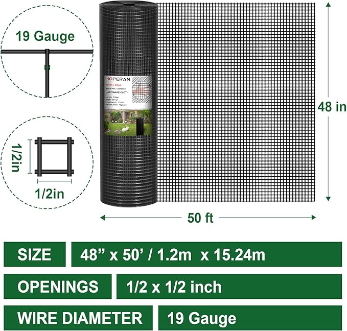 HOPERAN Black Hardware Cloth 1/2 inch 48 inch x 50 Foot 19 Gauge - Vinyl Coated Welded Chicken Wire Fencing Mesh, PVC Wire Fence Roll for Garden Fence, Gopher Wire and Poultry Netting Cage