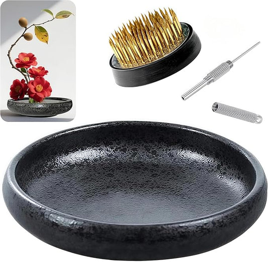 Japanese Ikebana Vase Kit, Flower Shallow Container Ceramics Ikebana Vase with 1.57inch Flower Frog and Floral Frog Floristry Kenzan Needle Straightening Tool (Frosted Bowl A with Spots)