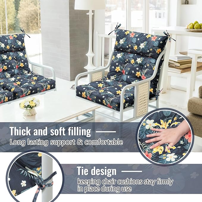 Sintuff 4 Pcs 44 x 21 x 4 Patio Chair Cushions Outdoor Chair Cushion Seat/Back Tufted Pillow with Ties Water Resistant Replacement Indoor Patio Furniture Outdoor Furniture (Pattern,Black)