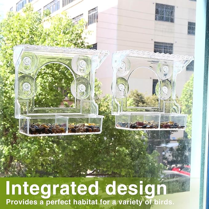 2PCS Window Bird Feeder with 4 Extra Strong Suction Cups, Clear Birdfeeders Bird House for Outdoors Window Viewing Outside, Removable Tray Birdhouse